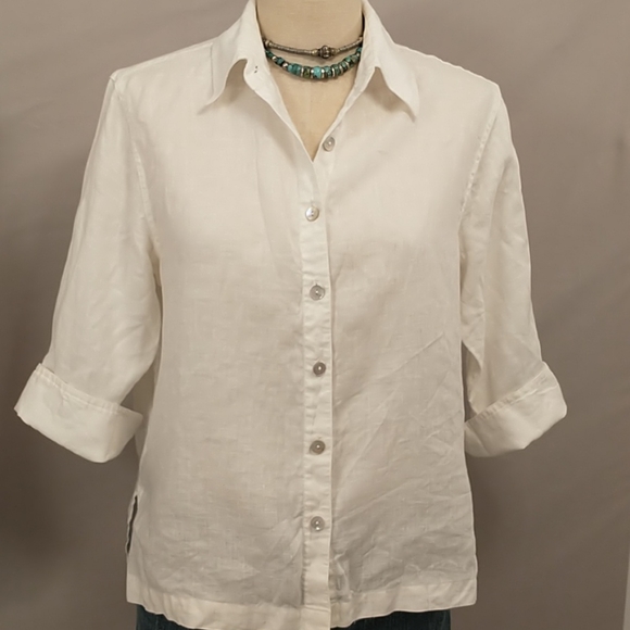 Two 100% Linen Blouses Lightweight White + 3/4 sleeve M Natural Fiber one floral - Picture 3 of 13